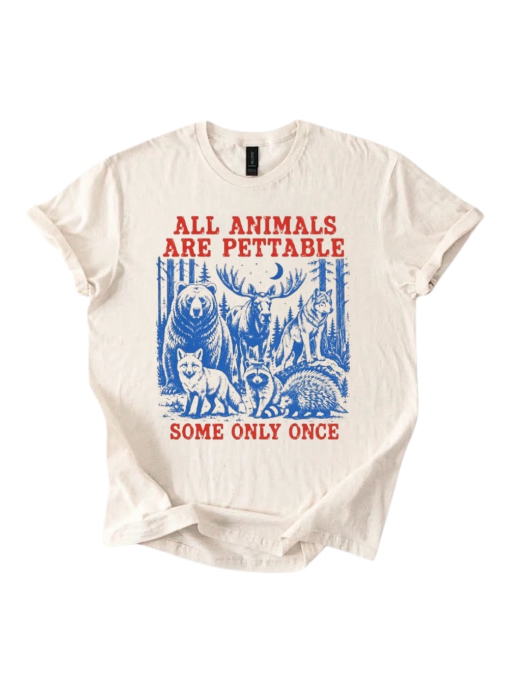Gildan All Animals Are Pettable Graphic Tee - Cream with Blue & Red Print
